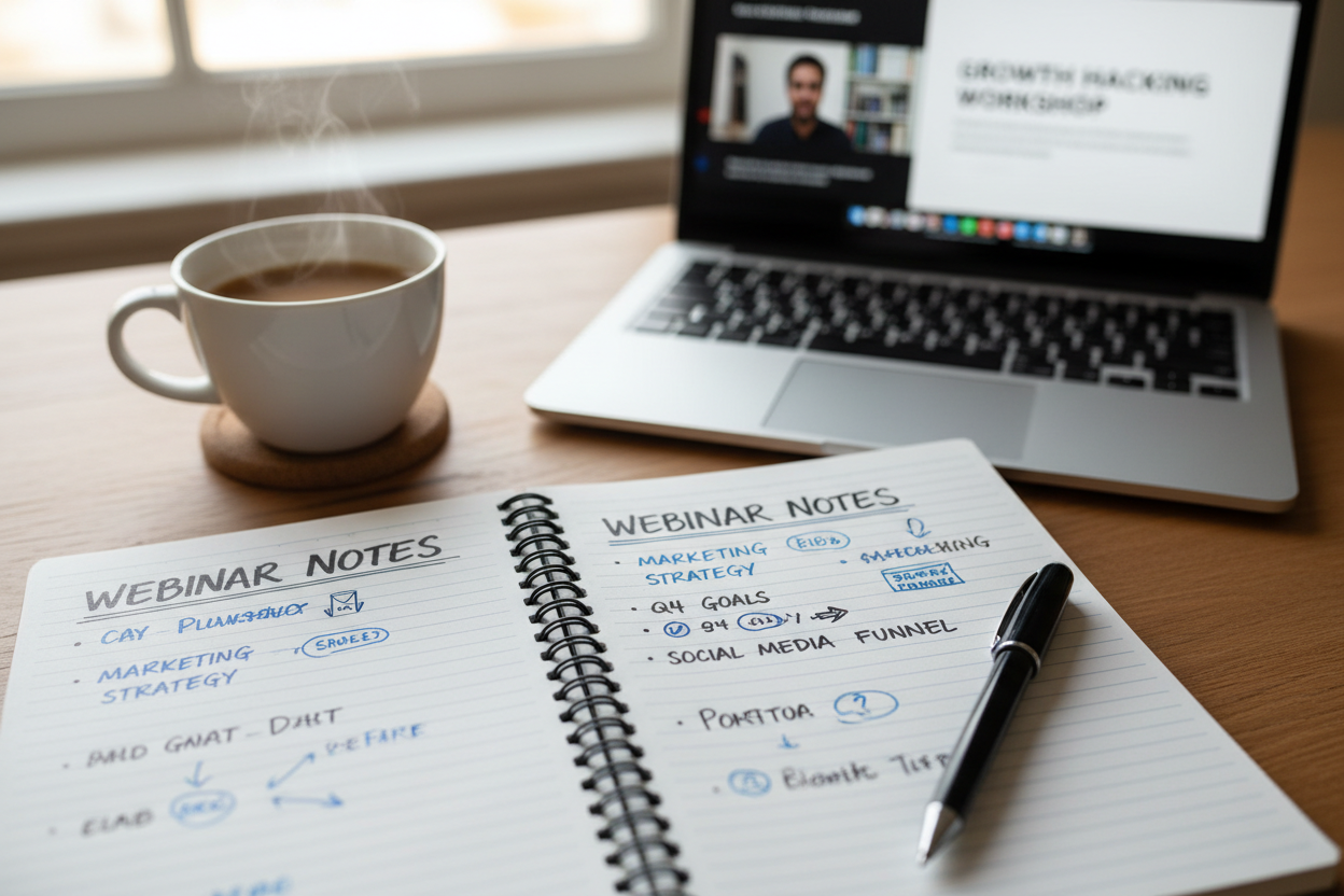 notebook where someone takes note during a webinar